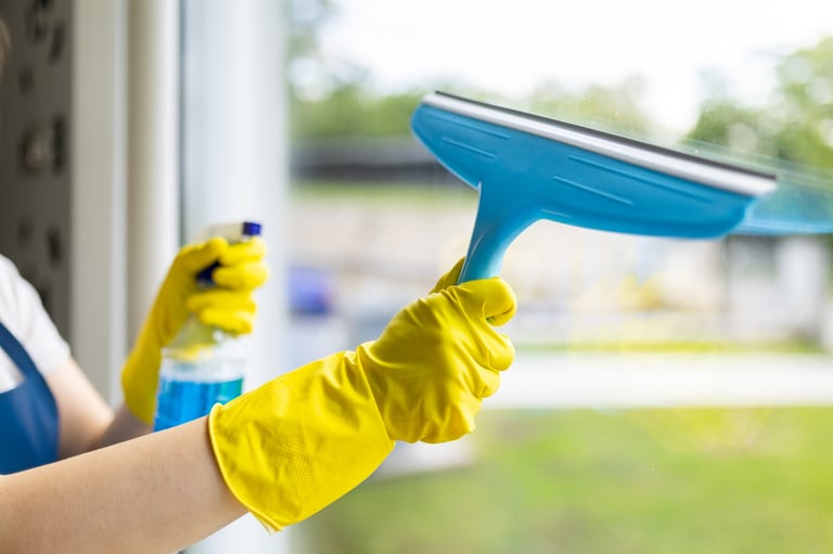 Professional window cleaner with squeegee creating streak-free shine