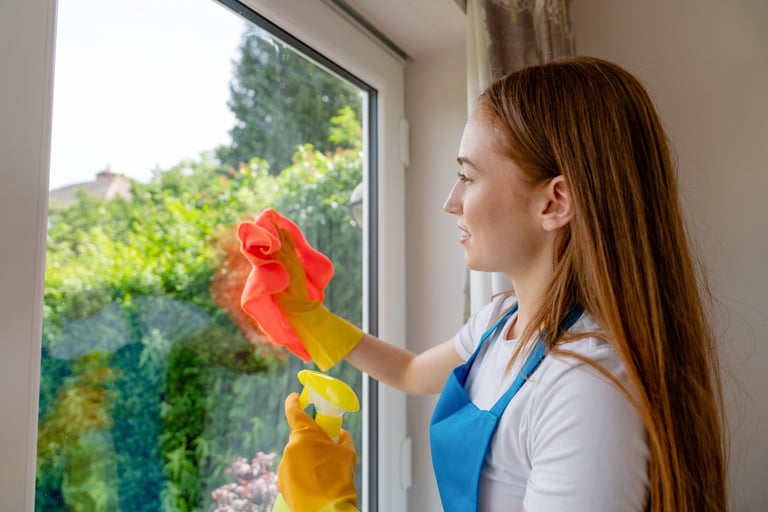 Clean window reflecting bright sunlight after professional cleaning
